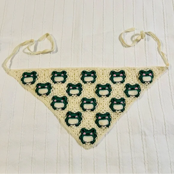 Cream and Green Crochet Hair Scarf - Picture 2 of 6